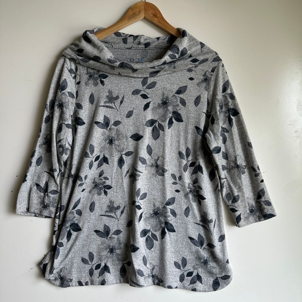 Croft & Barrow Sweater Gray Floral Cowl Neck Top 3/4 Sleeve Casual Large Grandma